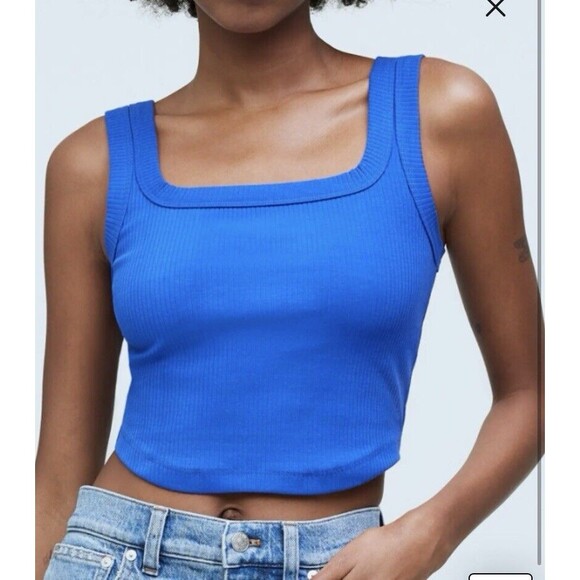 NWT Madewell The Tailored Crop Tank Sleekhold Pure Sz XXS Blue Square Neckline - Picture 1 of 5